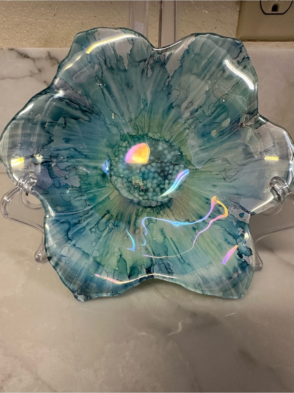Vintage blue /green, handcrafted epoxy resin flower bowl,